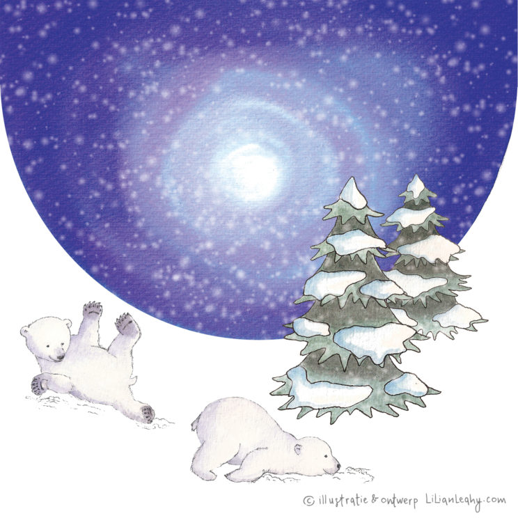 christmas cards illustrated original hand drawn lilian leahy polar bears northpole sliding snow playing netherlands ecoline