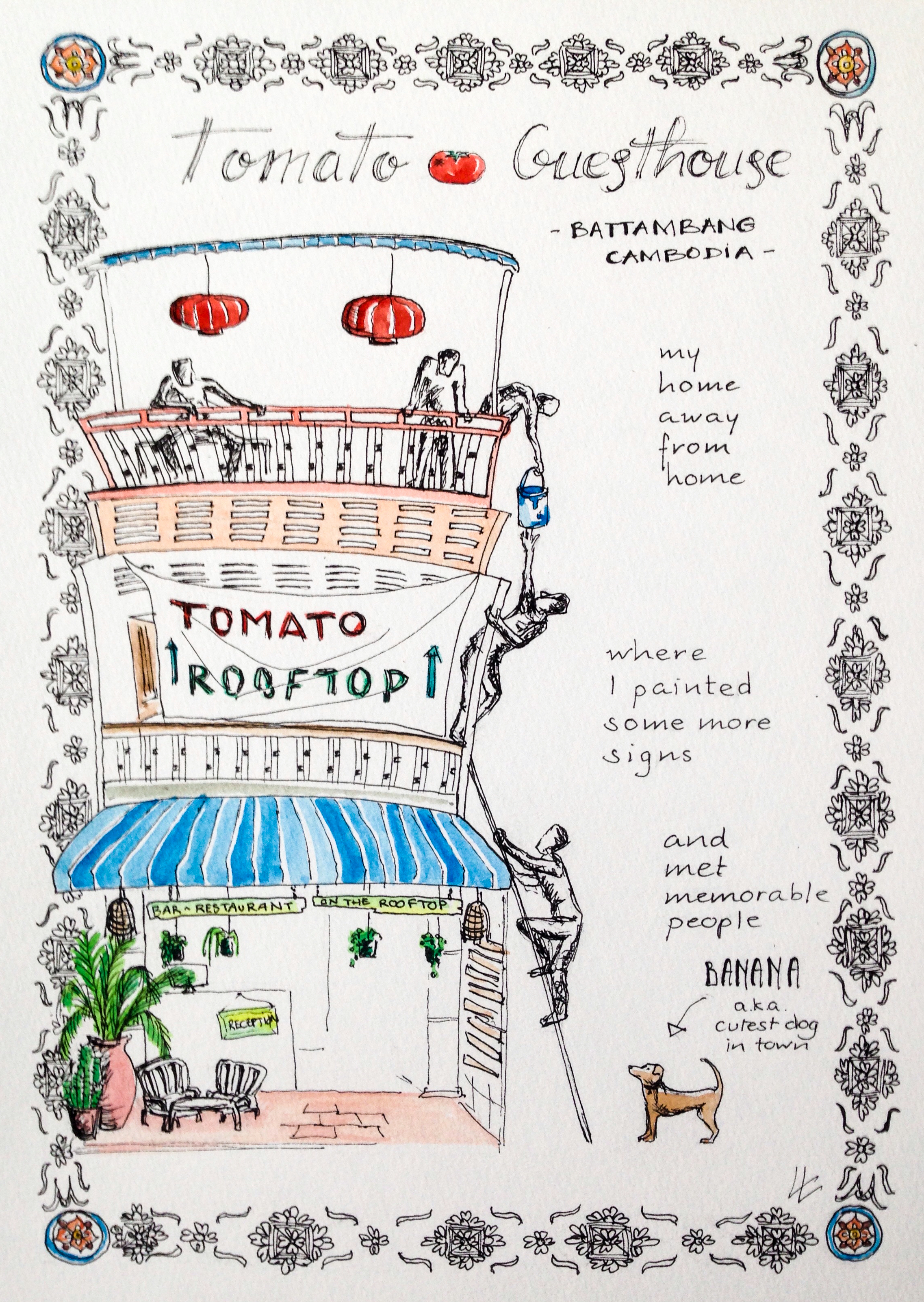 Illustrated travelblog backpacking Cambodia Battambang Tomato Guesthouse sign painting illustration