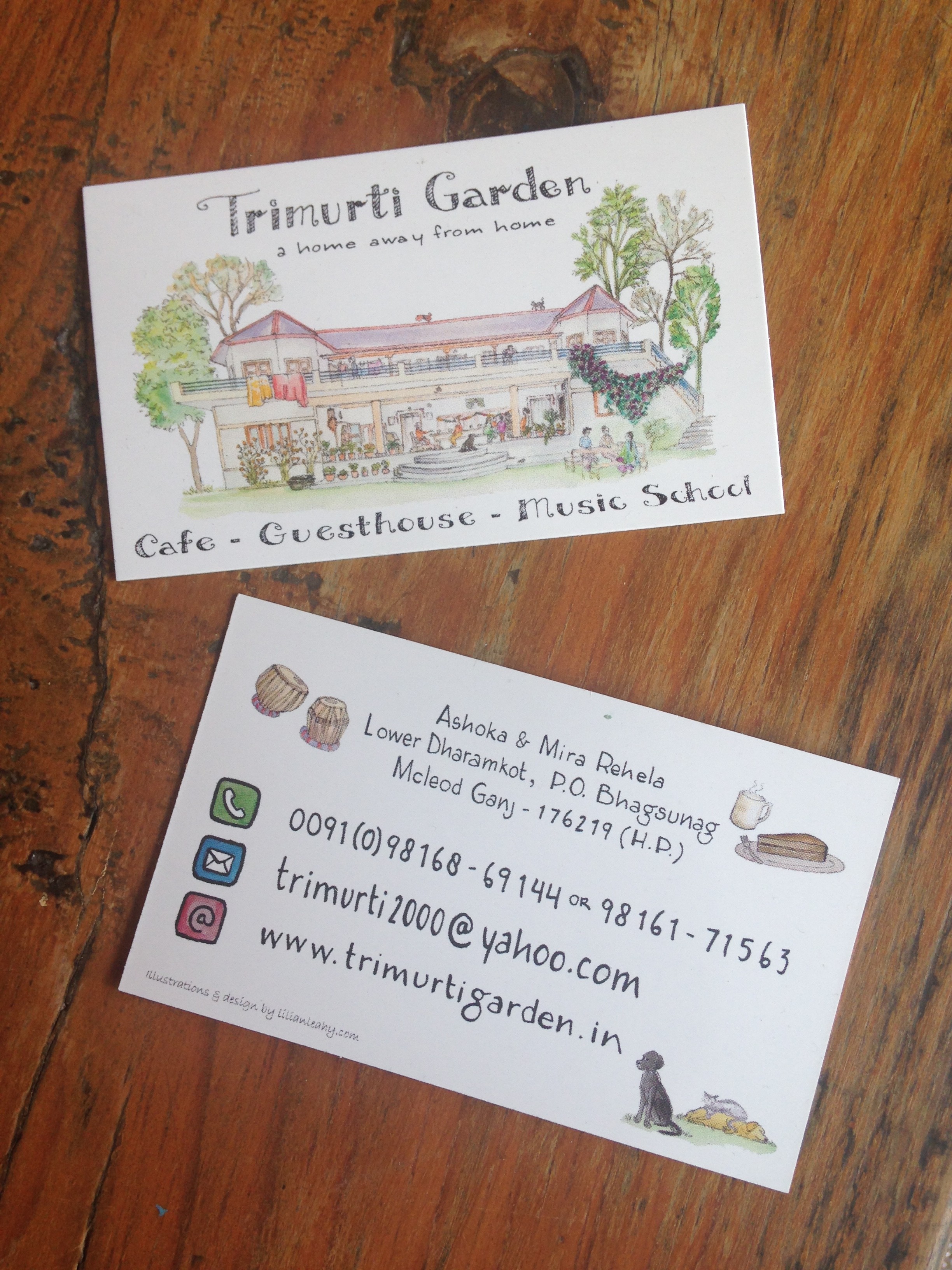 trimurti garden dharamkot mcleod ganj guesthouse business card custom illustrated