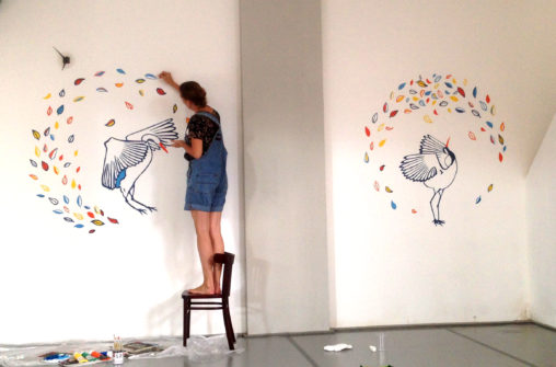 cranebird mural painting studio hillegersberg delft yoga dance dans lilian leahy illustrator muurschildering kraanvogel