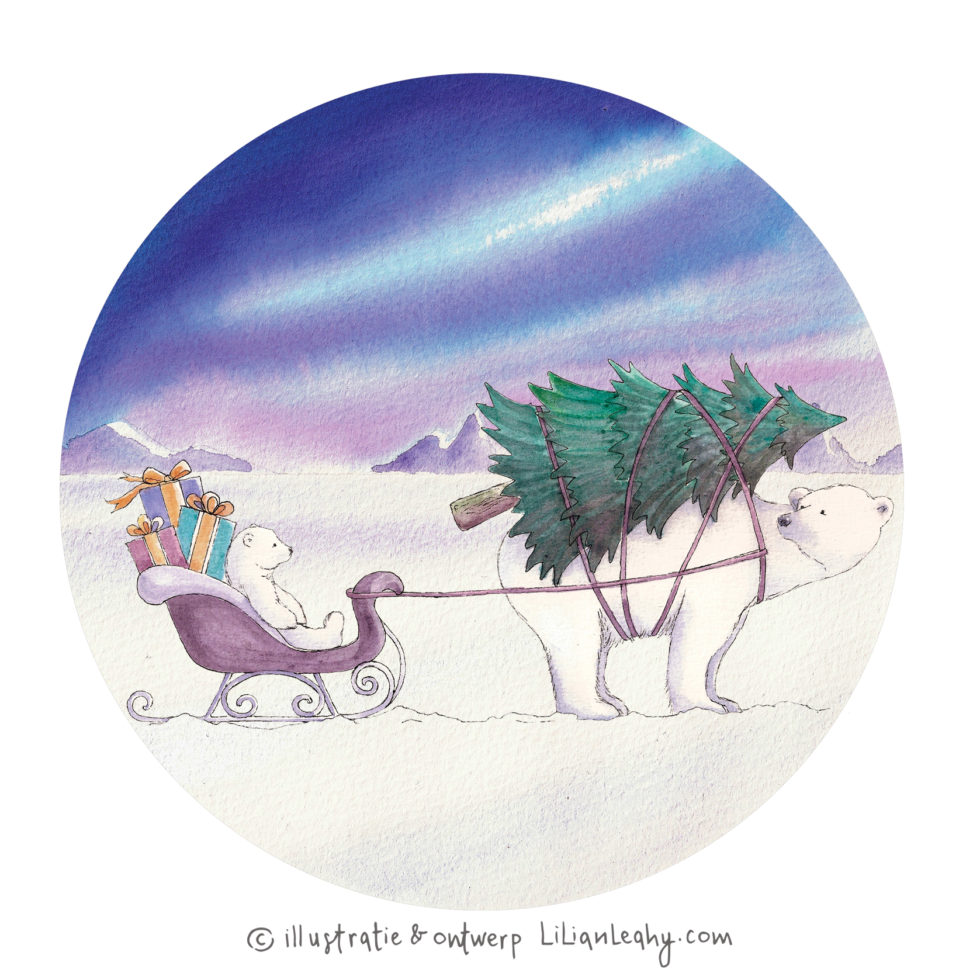 christmas cards illustrated original hand drawn lilian leahy polar bears northpole christmas tree sleigh gifts netherlands ecoline